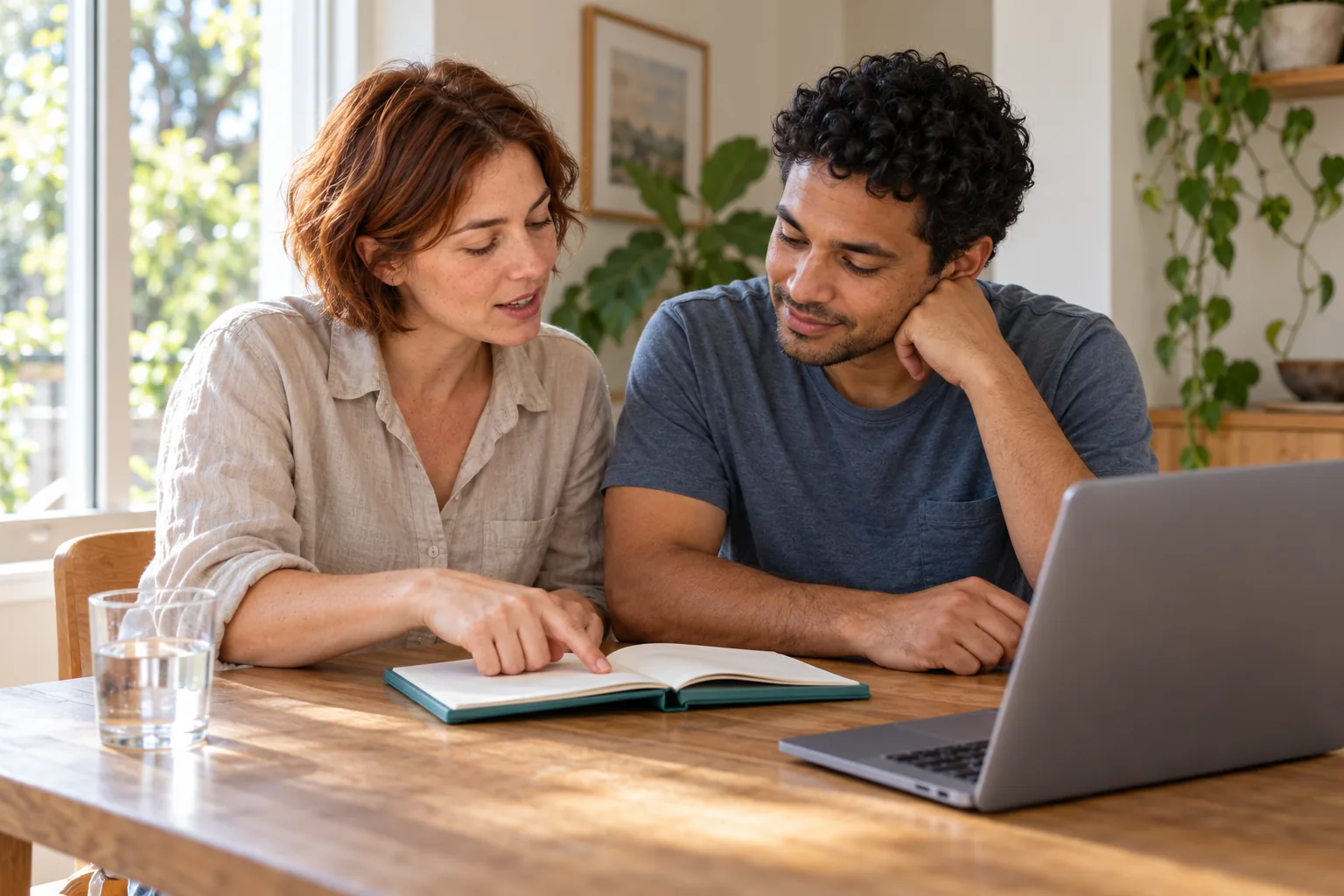Two people reviewing a notebook together at their dining table.