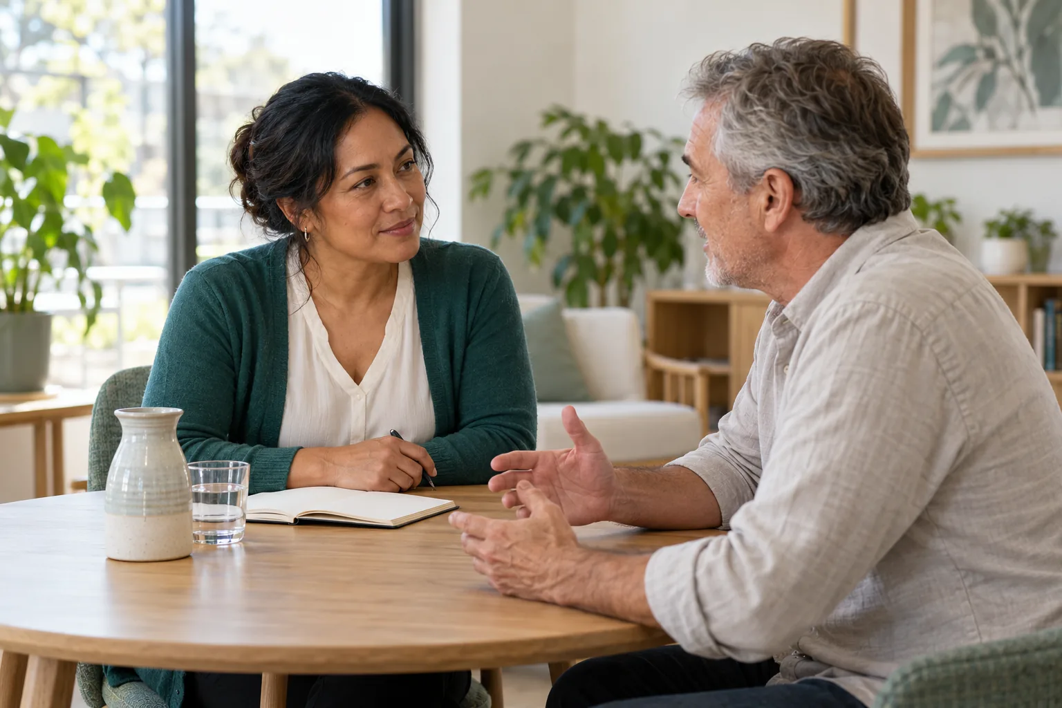 Two adults talking across a table in a bright, comfortable room.